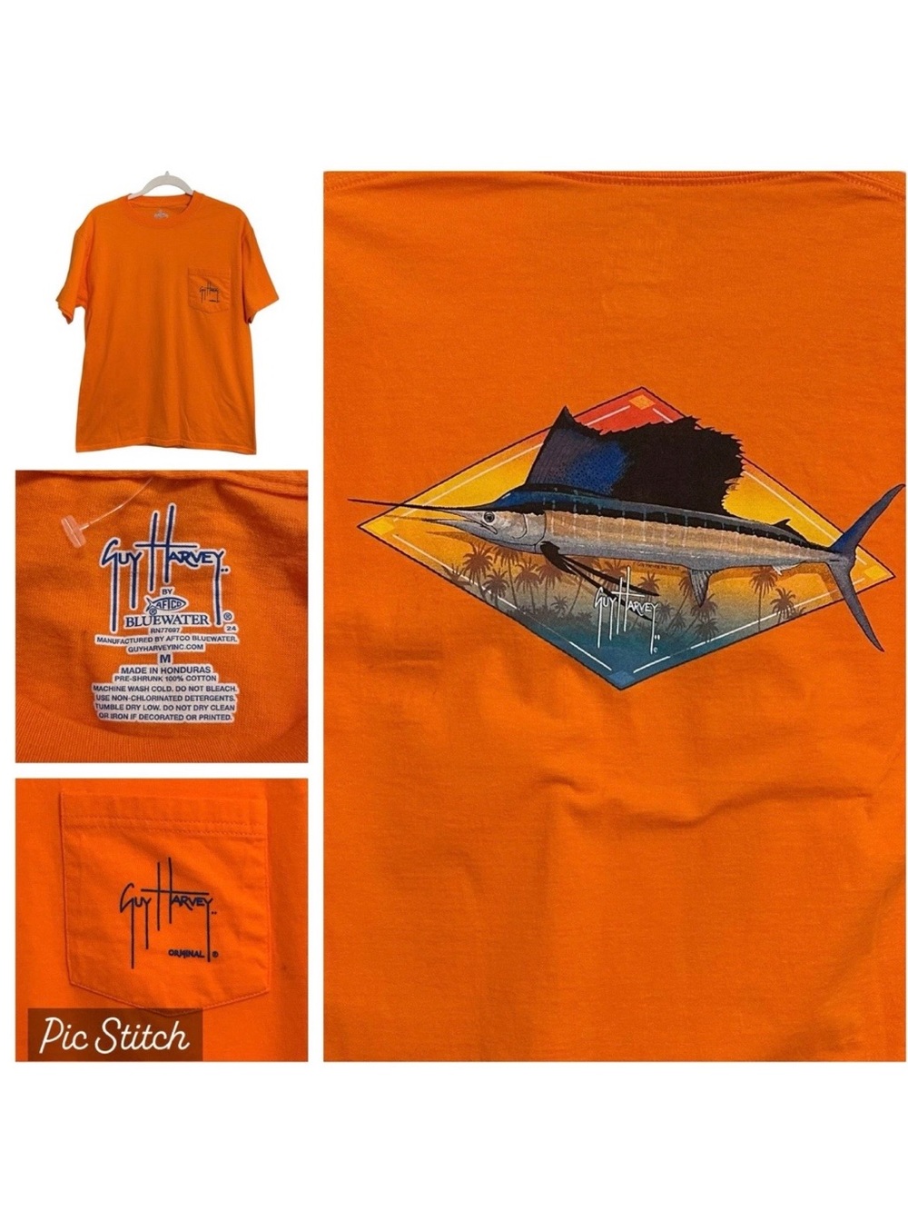 Guy Harvey Men’s Sz M Orange Sailfish Graphic Tee Fishing Beach Colorful